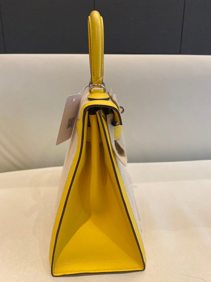 Pre-owned Certified Hermes Kelly 28 Toile, 9O Jaune de Naples with Canvas, Palladium hw, 2020, w/ dust bag, lock&key, strap