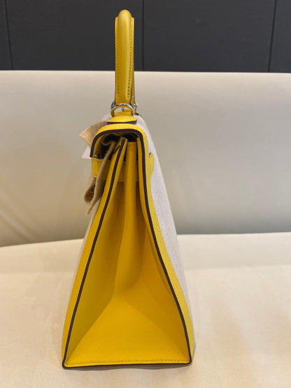 Pre-owned Certified Hermes Kelly 28 Toile, 9O Jaune de Naples with Canvas, Palladium hw, 2020, w/ dust bag, lock&key, strap