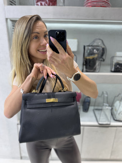 Pre-owned Hermes Kelly 32 Black Togo Leather Golden Hardware, 2018 (C stamp), w/ lock&key with clochette, dust bag