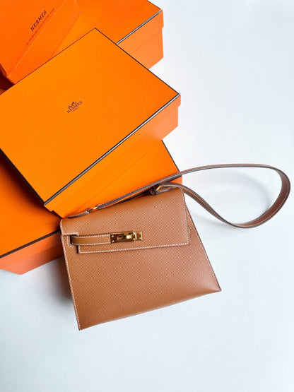 Pre-owned Hermes Kelly 20 Sellier Desordre Golden Brown Epsom Golden hw
