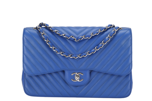 CHANEL CLASSIC DOUBLE FLAP (2247xxxx) JUMBO BLUE CHEVRON CAVIAR LEATHER SILVER HARDWARE, WITH DUST COVER