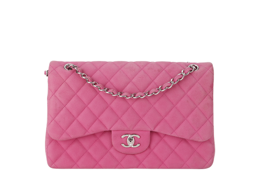 CHANEL CLASSIC DOUBLE FLAP BAG JUMBO FUSCHIA SUEDE CAVIAR SILVER HARDWARE (1803xxxx) NO DUST COVER