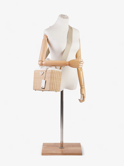 Prada Medium Wicker And Linen Blend Tote Tan / White Wicker