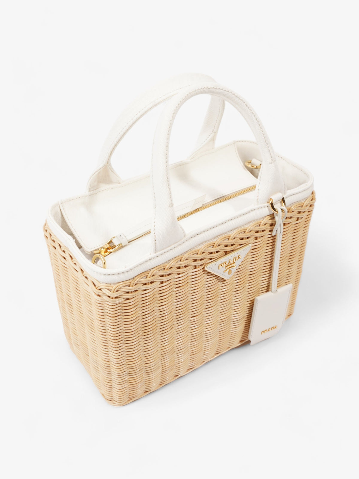 Prada Medium Wicker And Linen Blend Tote Tan / White Wicker