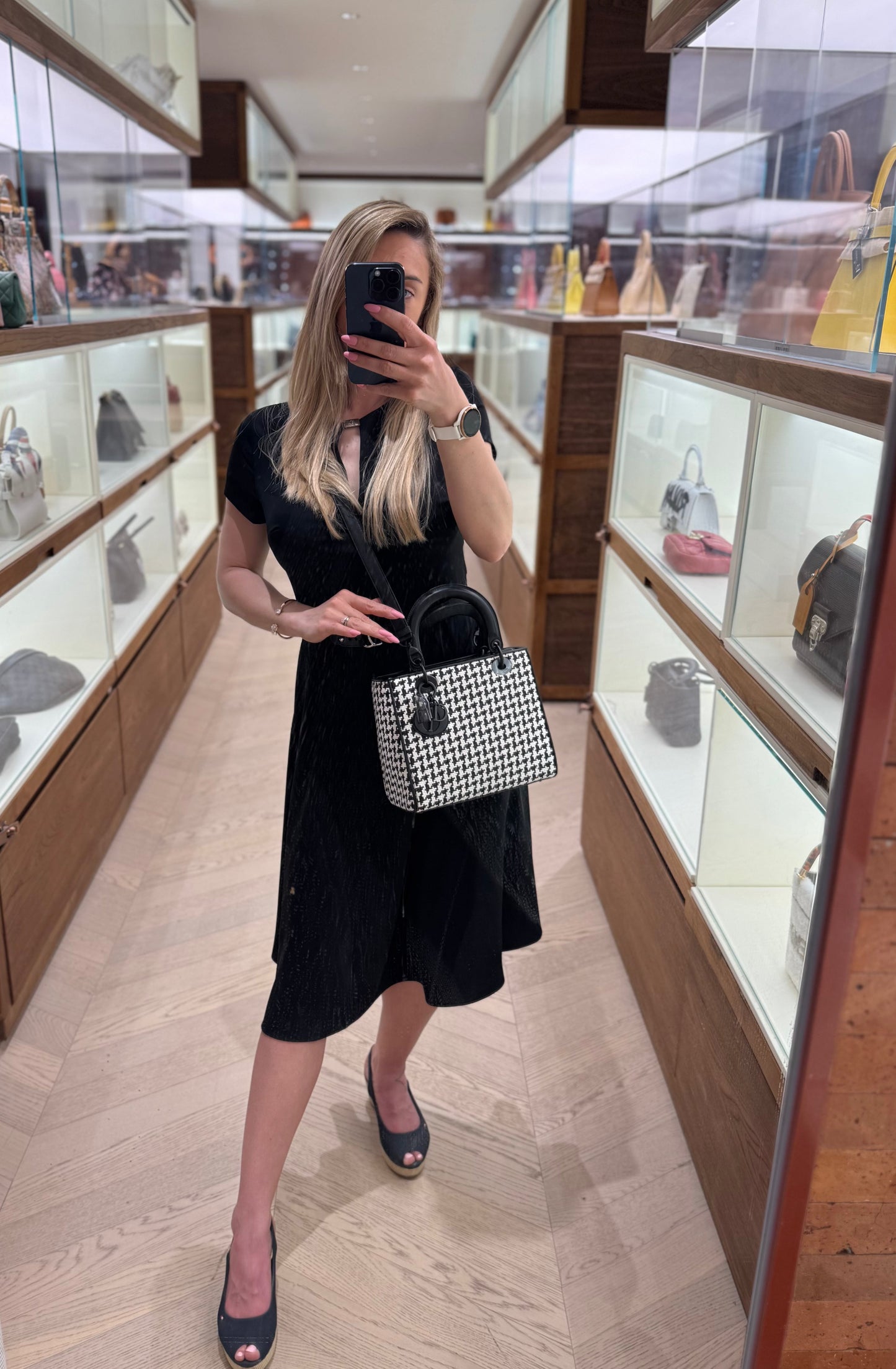 Pre-owned Certified Dior Limited Edition Medium Lady Dior Lambskin Woven Houndstooth with So Black Hardware, 2019, Full Set