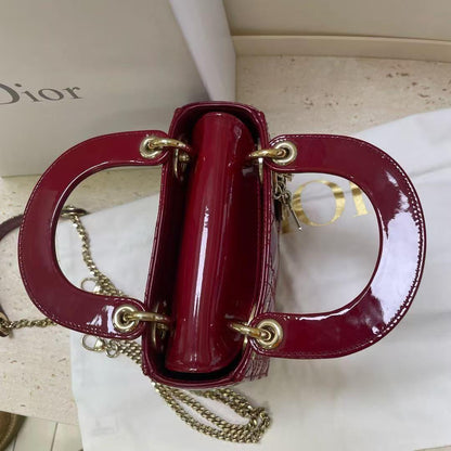 Pre-owned Certified Dior Mini Lady Dior in Dark Cherry Red Patent Leather with Golden Hardware, 2017, Full Set