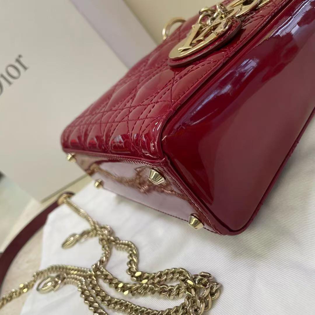 Pre-owned Certified Dior Mini Lady Dior in Dark Cherry Red Patent Leather with Golden Hardware, 2017, Full Set