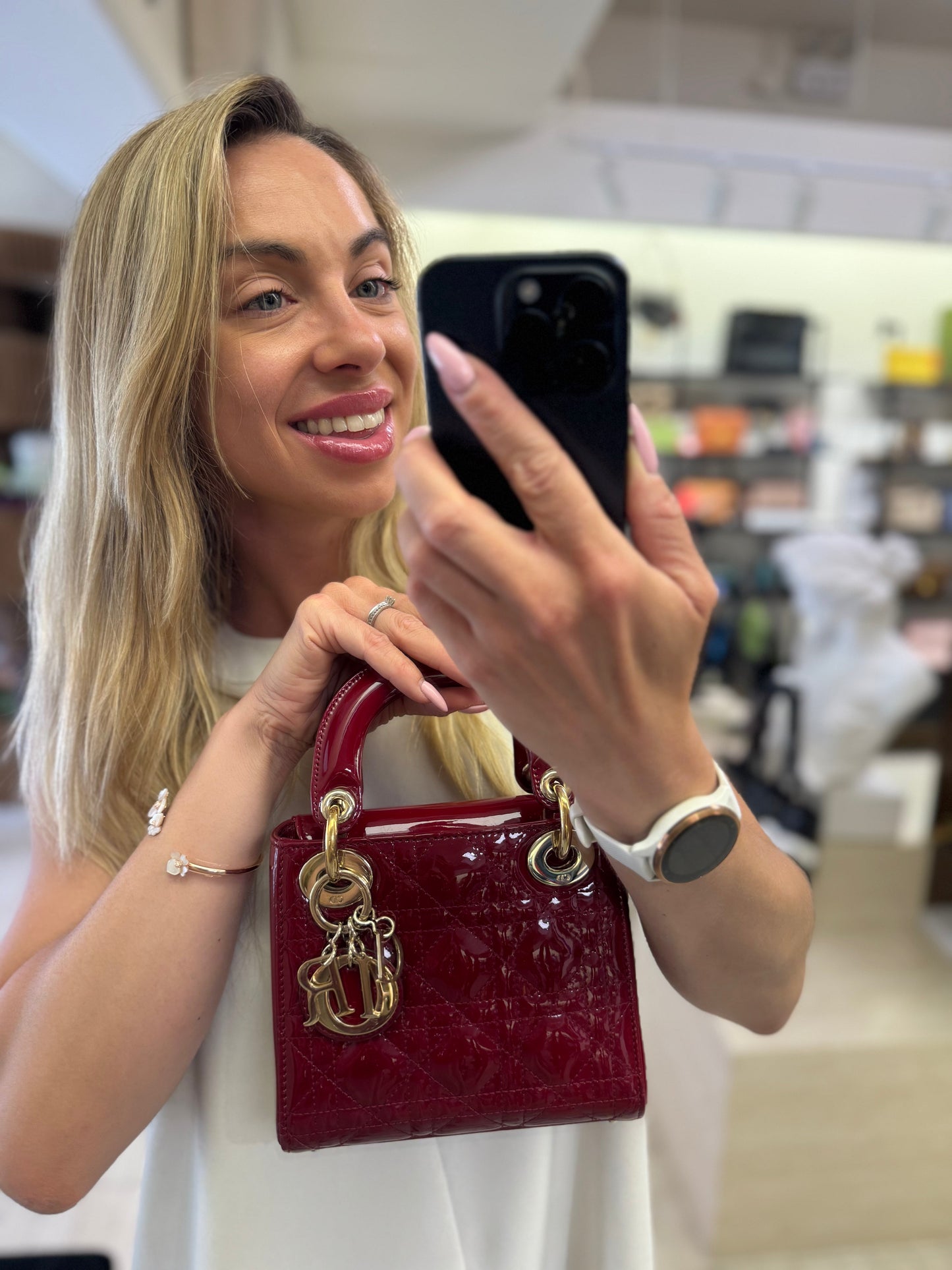 Pre-owned Certified Dior Mini Lady Dior in Dark Cherry Red Patent Leather with Golden Hardware, 2017, Full Set