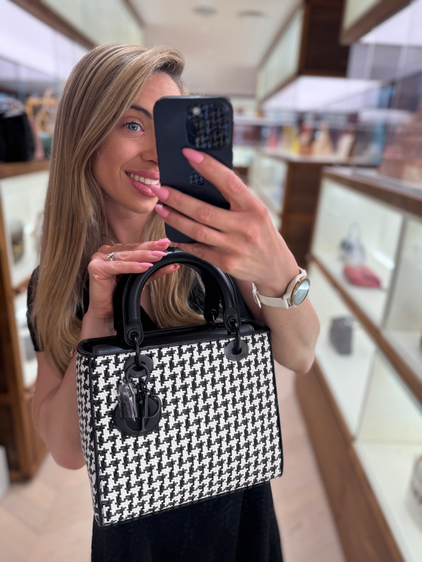 Pre-owned Certified Dior Limited Edition Medium Lady Dior Lambskin Woven Houndstooth with So Black Hardware, 2019, Full Set
