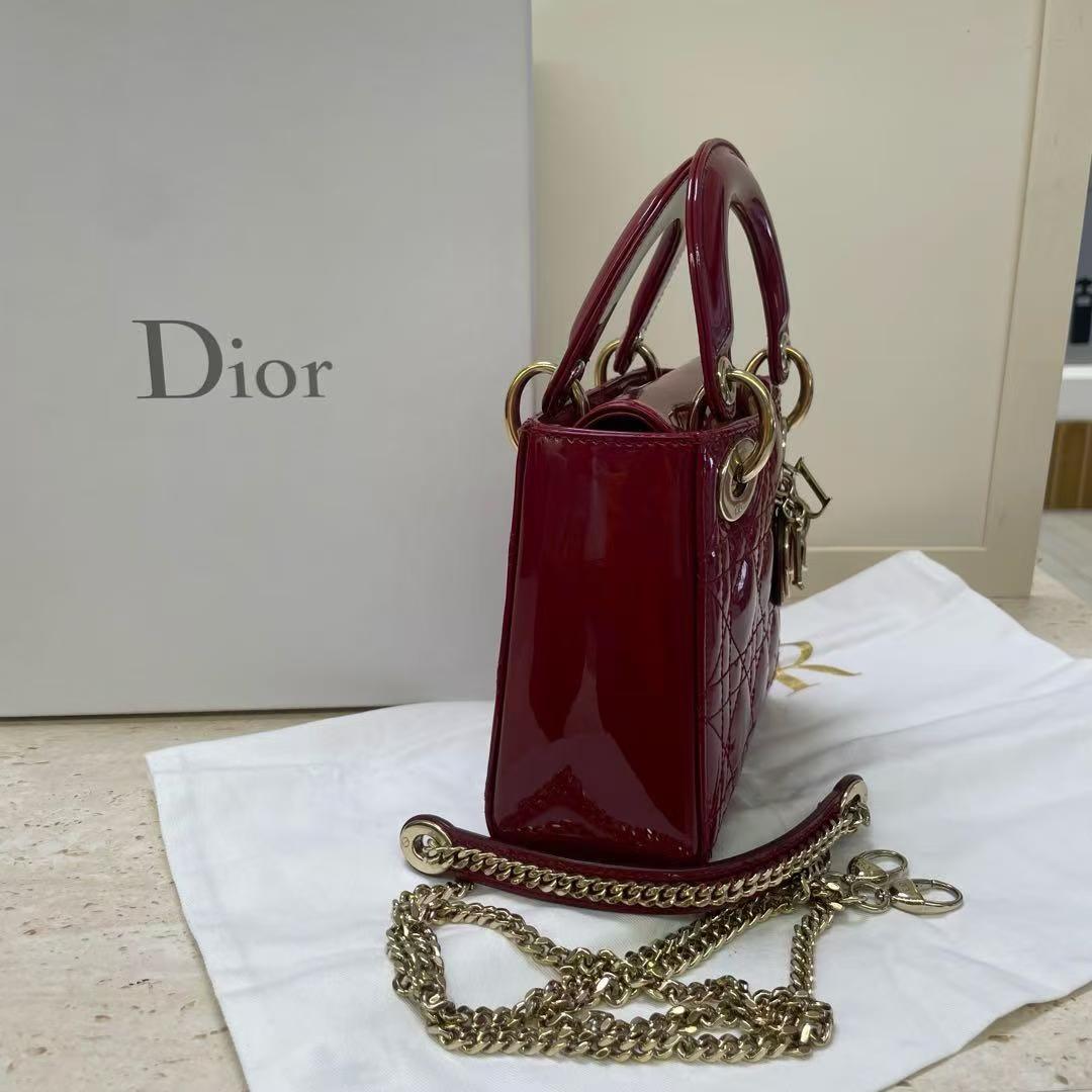 Pre-owned Certified Dior Mini Lady Dior in Dark Cherry Red Patent Leather with Golden Hardware, 2017, Full Set