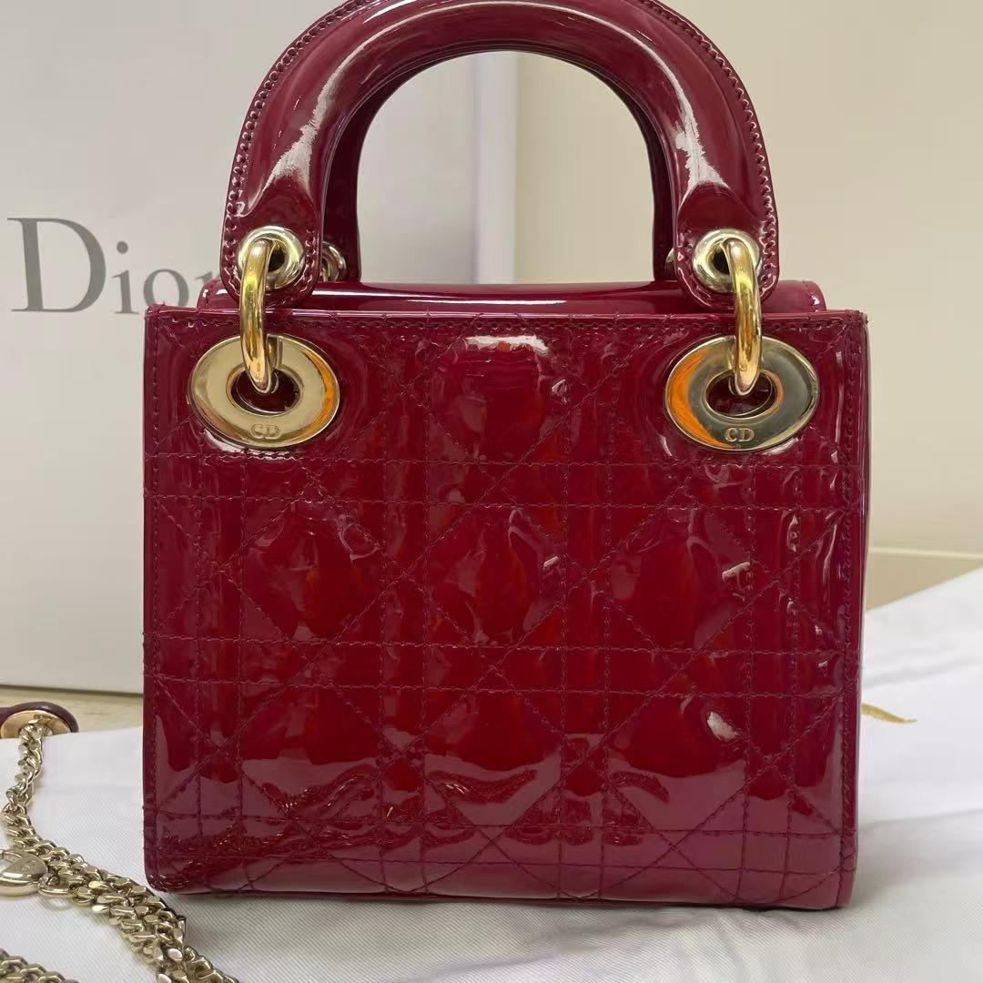 Pre-owned Certified Dior Mini Lady Dior in Dark Cherry Red Patent Leather with Golden Hardware, 2017, Full Set