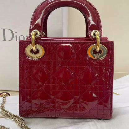 Pre-owned Certified Dior Mini Lady Dior in Dark Cherry Red Patent Leather with Golden Hardware, 2017, Full Set