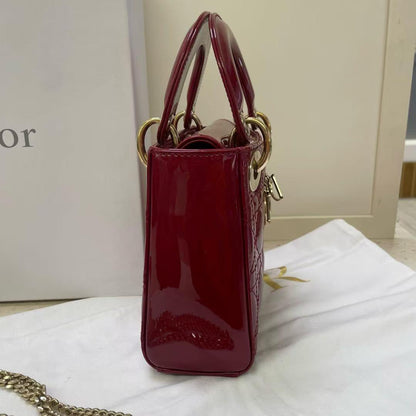 Pre-owned Certified Dior Mini Lady Dior in Dark Cherry Red Patent Leather with Golden Hardware, 2017, Full Set