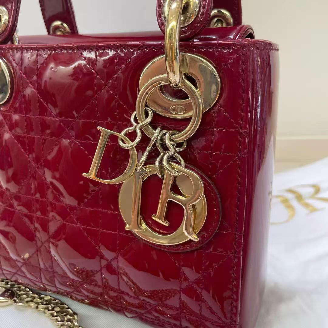 Pre-owned Certified Dior Mini Lady Dior in Dark Cherry Red Patent Leather with Golden Hardware, 2017, Full Set