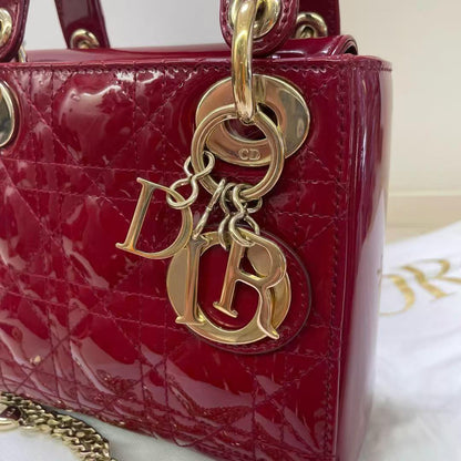 Pre-owned Certified Dior Mini Lady Dior in Dark Cherry Red Patent Leather with Golden Hardware, 2017, Full Set