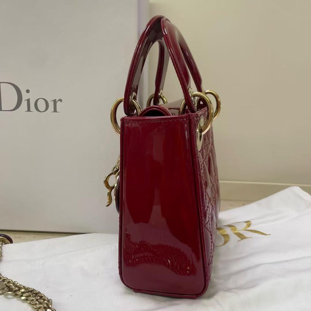 Pre-owned Certified Dior Mini Lady Dior in Dark Cherry Red Patent Leather with Golden Hardware, 2017, Full Set