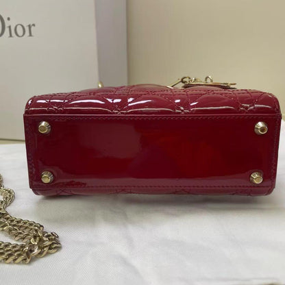 Pre-owned Certified Dior Mini Lady Dior in Dark Cherry Red Patent Leather with Golden Hardware, 2017, Full Set