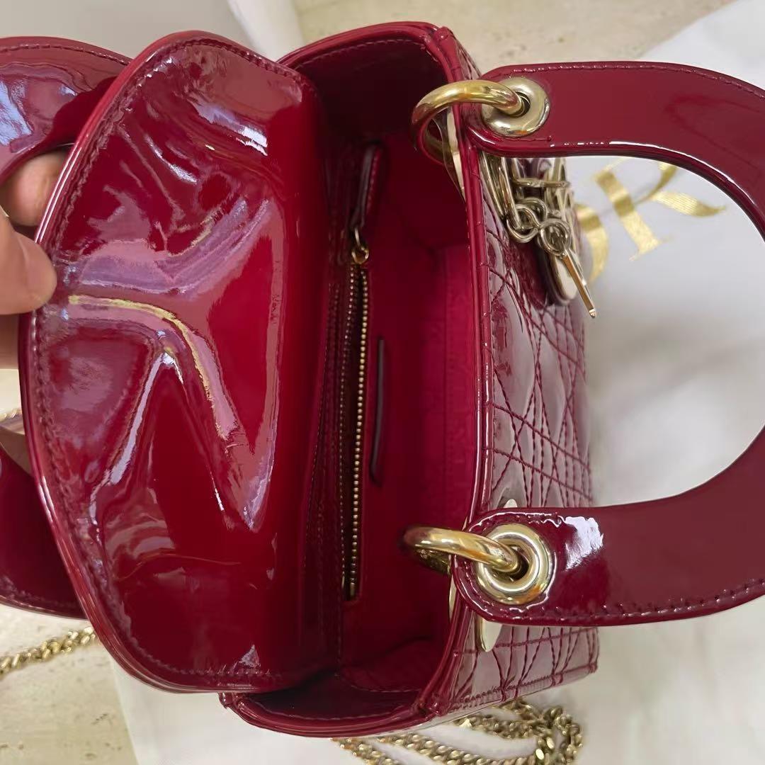 Pre-owned Certified Dior Mini Lady Dior in Dark Cherry Red Patent Leather with Golden Hardware, 2017, Full Set
