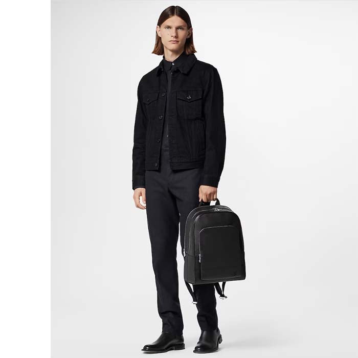 Louis Vuitton LV Unisex Adrian Backpack Black Taiga Cowhide Leather Textile Lining