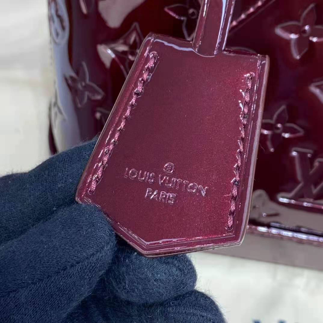 Louis Vuitton LV Unisex Alma BB Handbag Amarante Red Monogram Vernis Embossed Patent Calf Leather
