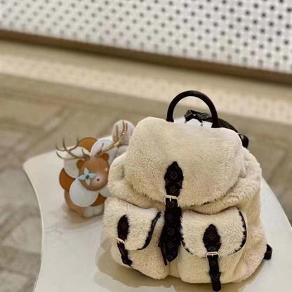 Louis Vuitton LV Unisex Backpack Cream Brown Shearling Monogram-Canvas Textile Lining