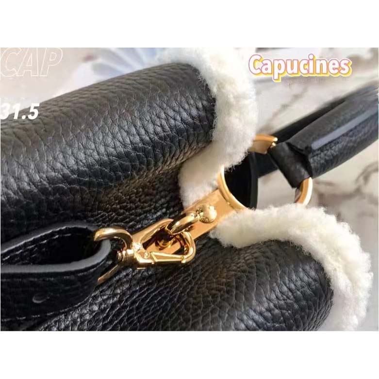 Louis Vuitton LV Women Capucines MM Bag Black Taurillon Leather Shearling Cowhide