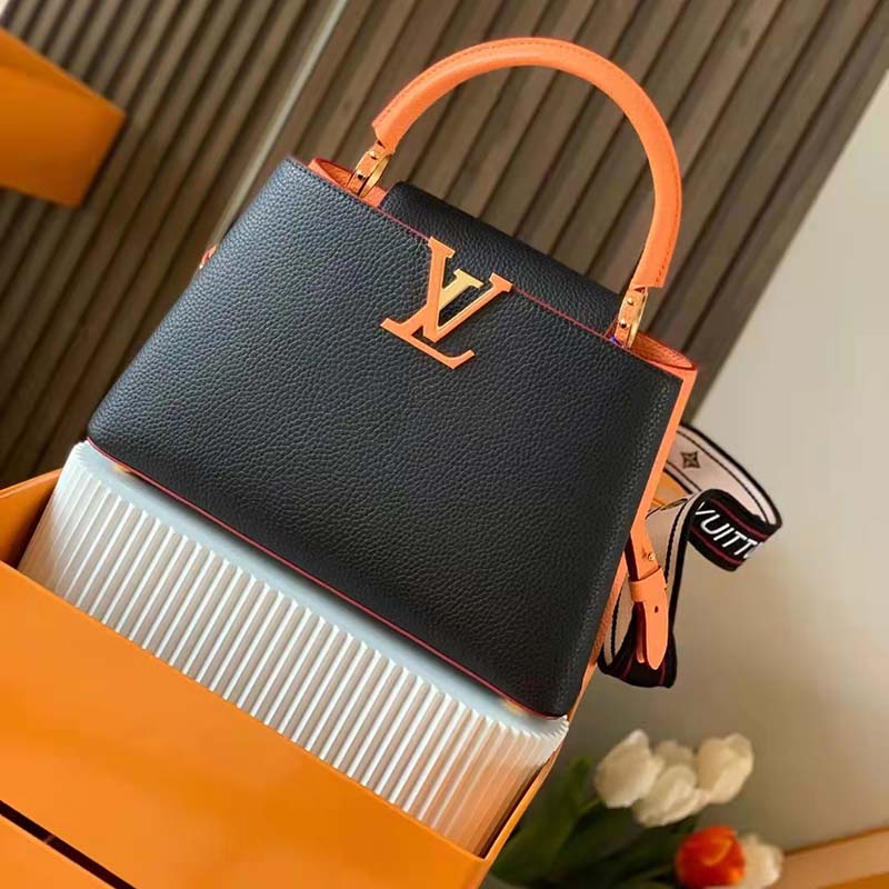Louis Vuitton LV Women Capucines MM Handbag Black Gold Arizona Taurillon Cowhide
