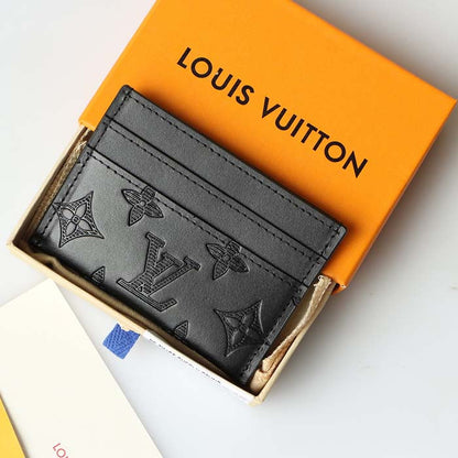 Louis Vuitton LV Unisex Coin Card Holder Black Calf Leather Textile Lining