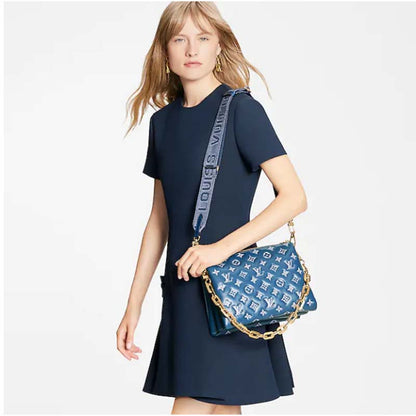Louis Vuitton LV Unisex Coussin PM Handbag Navy Blue Denim-Printed Lambskin