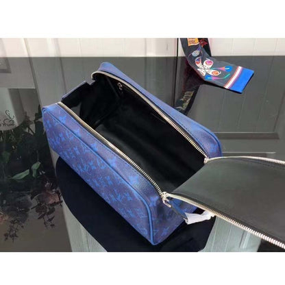 Louis Vuitton LV Unisex Dopp Kit Toilet Pouch Blue Taiga Cowhide Leather Monogram Coated Canvas