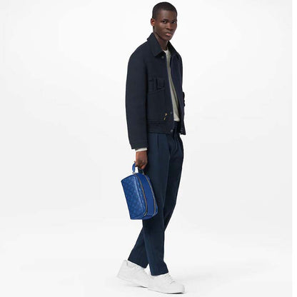 Louis Vuitton LV Unisex Dopp Kit Toilet Pouch Blue Taiga Cowhide Leather Monogram Coated Canvas