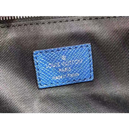 Louis Vuitton LV Unisex Dopp Kit Toilet Pouch Blue Taiga Cowhide Leather Monogram Coated Canvas