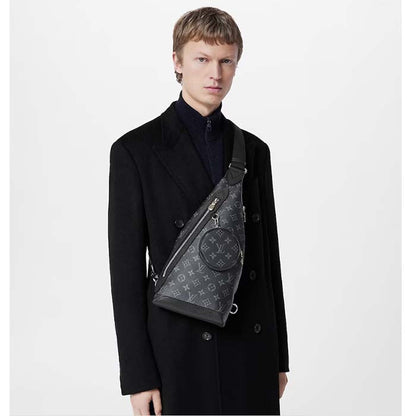 Louis Vuitton LV Unisex Duo Slingbag Black Monogram Coated Canvas Taiga Cowhide Leather