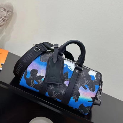 Louis Vuitton LV Unisex Keepall 25 Sunrise Monogram Eclipse Coated Canvas Cowhide Leather