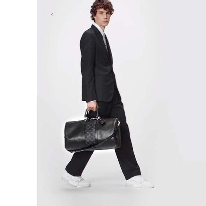 Louis Vuitton LV Unisex Keepall 50 Bandoulière Black Cabin-Size Taiga Cowhide Leather Monogram Eclipse Coated Canvas