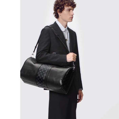 Louis Vuitton LV Unisex Keepall 50 Bandoulière Black Cabin-Size Taiga Cowhide Leather Monogram Eclipse Coated Canvas