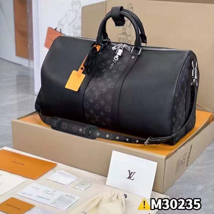 Louis Vuitton LV Unisex Keepall 50 Bandoulière Black Cabin-Size Taiga Cowhide Leather Monogram Eclipse Coated Canvas