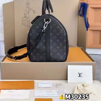 Louis Vuitton LV Unisex Keepall 50 Bandoulière Black Cabin-Size Taiga Cowhide Leather Monogram Eclipse Coated Canvas
