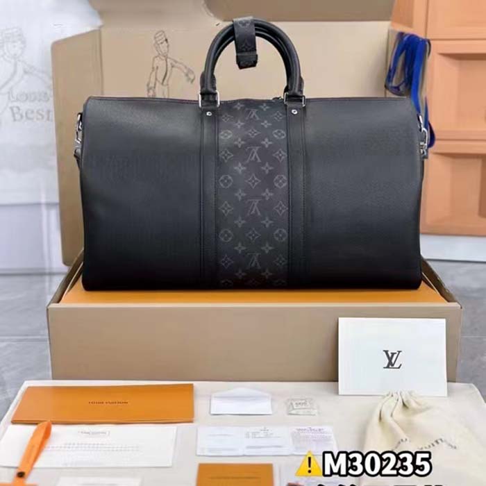Louis Vuitton LV Unisex Keepall 50 Bandoulière Black Cabin-Size Taiga Cowhide Leather Monogram Eclipse Coated Canvas