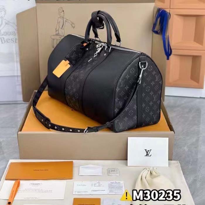 Louis Vuitton LV Unisex Keepall 50 Bandoulière Black Cabin-Size Taiga Cowhide Leather Monogram Eclipse Coated Canvas