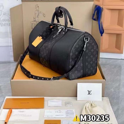 Louis Vuitton LV Unisex Keepall 50 Bandoulière Black Cabin-Size Taiga Cowhide Leather Monogram Eclipse Coated Canvas