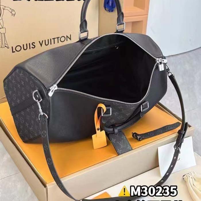 Louis Vuitton LV Unisex Keepall 50 Bandoulière Black Cabin-Size Taiga Cowhide Leather Monogram Eclipse Coated Canvas