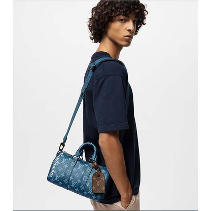 Louis Vuitton LV Unisex Keepall Bandoulière 25 Atlantic Blue Monogram Coated Canvas Cowhide Leather