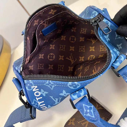 Louis Vuitton LV Unisex Keepall Bandoulière 25 Atlantic Blue Monogram Coated Canvas Cowhide Leather