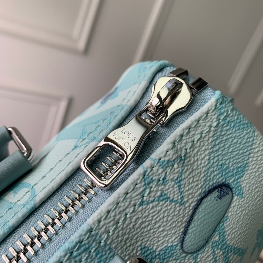 Louis Vuitton LV Unisex Keepall Bandoulière 25 Crystal Blue Monogram Aquagarden Coated Canvas