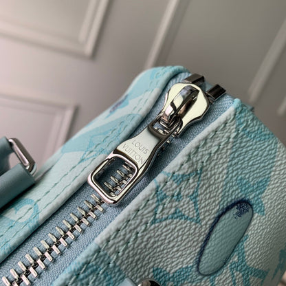 Louis Vuitton LV Unisex Keepall Bandoulière 25 Crystal Blue Monogram Aquagarden Coated Canvas