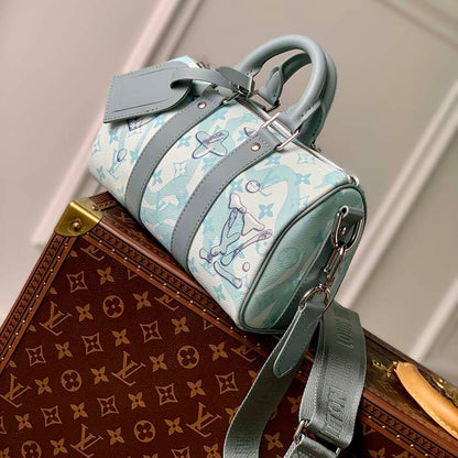 Louis Vuitton LV Unisex Keepall Bandoulière 25 Crystal Blue Monogram Aquagarden Coated Canvas