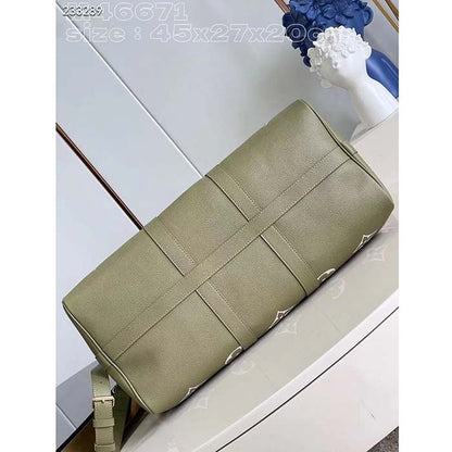 Louis Vuitton LV Unisex Keepall Bandoulière 45 Kaki Fango Cream Monogram Empreinte Embossed Cowhide Leather