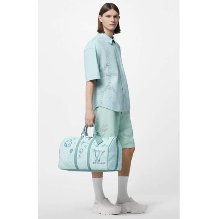 Louis Vuitton LV Unisex Keepall Bandoulière 50 Crystal Blue Monogram Aquagarden Coated Canvas