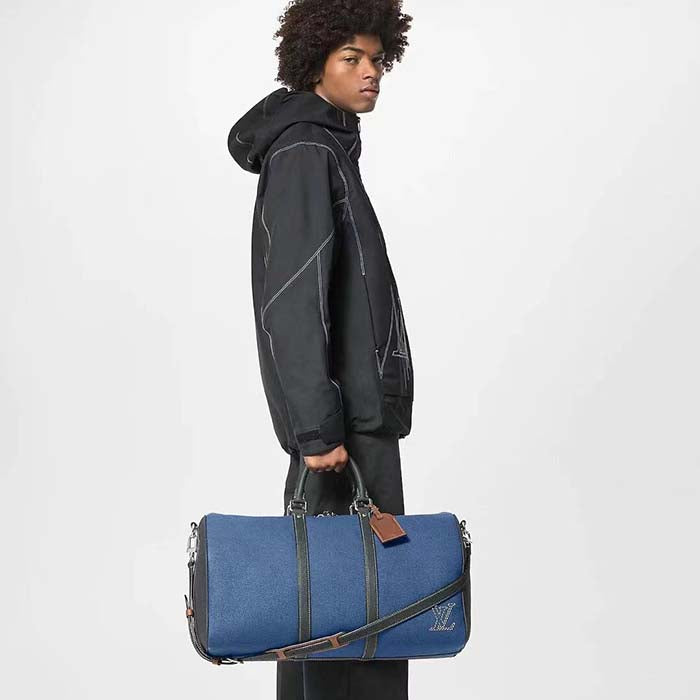Louis Vuitton LV Unisex Keepall Bandoulière 50 Travel Bag Denim Blue Cowhide Leather